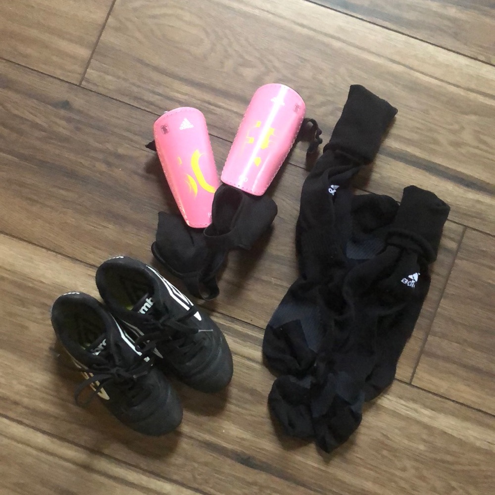 Kids soccer shoes, socks, shin guards